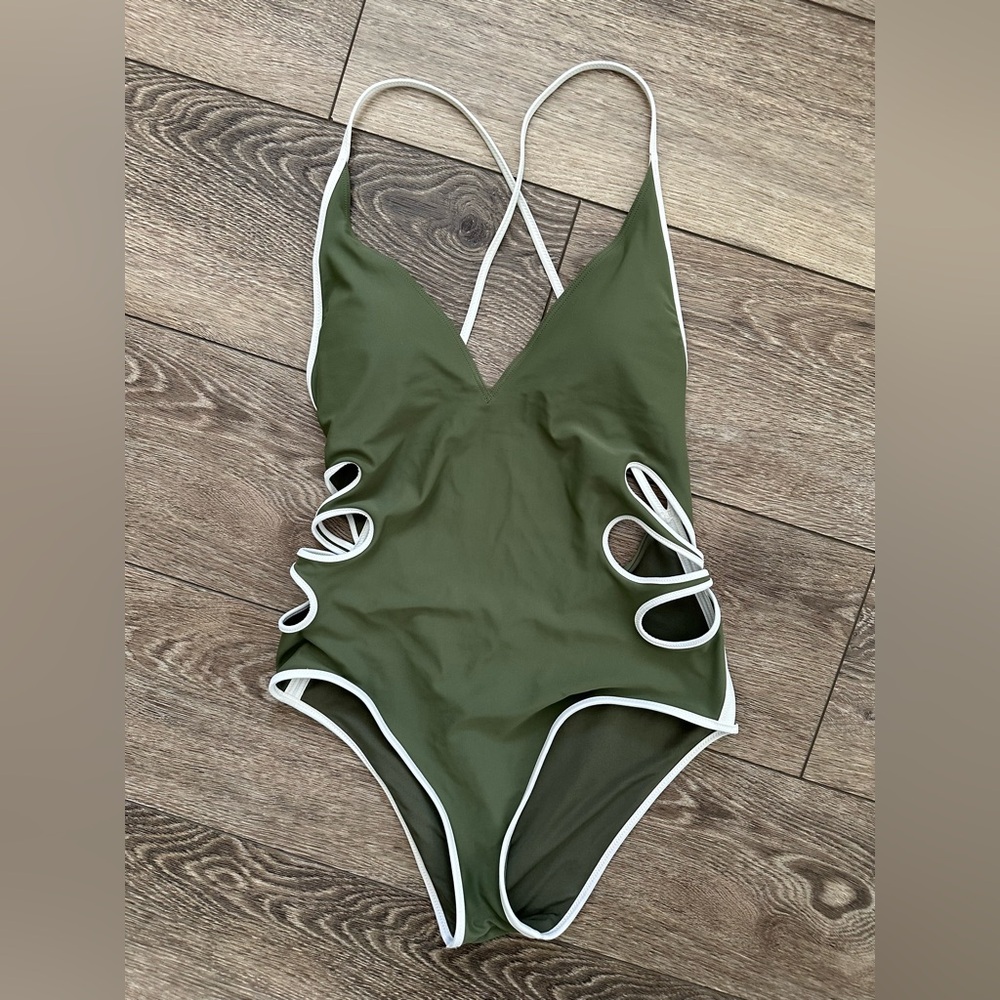Aerie Olive Green One-Piece Swimsuit with White Trim